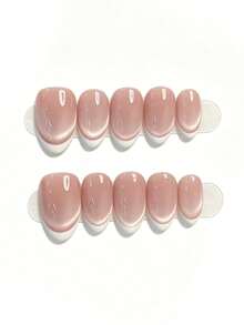 10pcs Handmade Short Almond-Shaped Pink Nail Stickers, Delicate Fairy-Like Pink Cat Eye White French Tip Minimalist Design, Suitable For Women And Girls For Spring, Summer, Autumn, Winter, Holidays, Parties, And Daily Use Nails Handmade Press On Nails - Pink - View 14