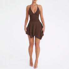 Nuevo vestido asimétrico sexy para mujer con escote en V profundo, cuello halter, espalda descubierta y cordones. - Blanco - Ver 6