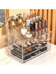 Caja de almacenamiento de maquillaje y cuidado de la piel, caja de exhibición de cosméticos transparente grande, caja de almacenamiento apilable con 3 cajones para tocador, juego de 2 piezas - Multicolor - Ver 14