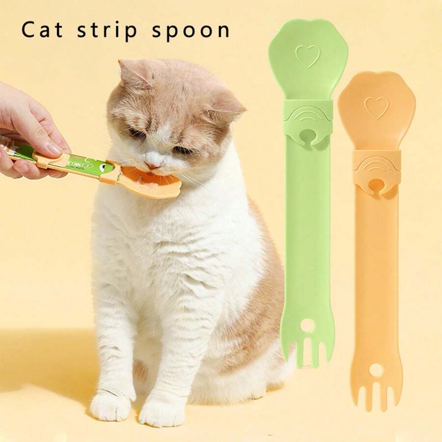 Random Color Cat Striped Feeding Spoon, Cat Feeding Spoon, Cat Striped Squeeze Snack Spoon, Cat Food Snack Spoon, Pet Tableware - One Size Fits All - View 1