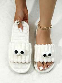 Funny Big Eye Fluffy Slippers, Kawaii Plush Open Toe Slides, Cozy White Indoor Shoes For Women - White - View 2