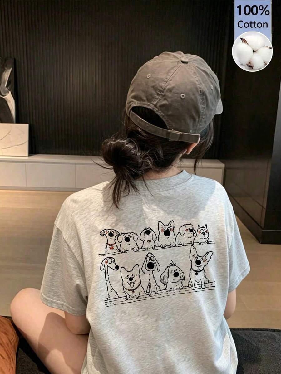 日系春夏圆领宽松休闲可爱卡通狗双面印花短袖T恤 - 淺灰色 - 查看 1