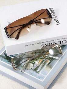 Rhinestone Decor Gradient Wrap Around Shield Shades, Women UV Protection Fashion Rimless Outdoor Eyewear - Brown - View 7