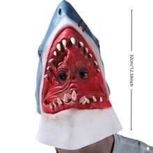 Máscara de látex de cabeza completa de tiburón blanco grande azul y blanco, boca roja de sangre realista con dientes blancos afilados, máscara de criatura depredadora del océano, piel texturizada con detalles de heridas, disfraz de monstruo de las profundidades marinas, tocado de personaje de película de terror de goma suave y transpirable, agujeros de ojos redondos huecos y transpirables, máscara de monstruo de tiburón gigante aterrador, adecuada para Halloween, Navidad, Pascua, Carnaval, Mardi Gras, fiestas de cumpleaños - Gran tiburón blanco - Ver 3