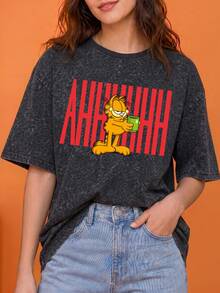 SHEIN | Garfield 女款水洗黑 T-shirt，笑臉卡通貓粉色標語寬鬆上衣，適合日常聚會、旅行、約會，女孩街頭穿搭 - 黑色 - 查看 3