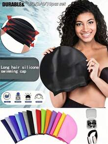 1/10Pcs Premium Silicone Swim Cap For Adults & Teens, Waterproof Elastic Hat With Ear Protection, Fits Long & Short Hair, Windproof Warm For Winter. Anti-Slip High Elastic, No Deformation, Great For Pool, Beach, Surf, Diving, Fitness & Water Sports - Multiple Styles - View 4