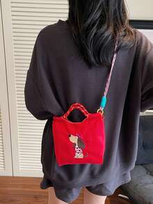 Ins療癒系卡通小狗刺繡小包，輕量可水洗布料，多色可選，女款通勤旅行便攜斜挎包，附可拆卸肩帶手提包 - 彩色 - 查看 8
