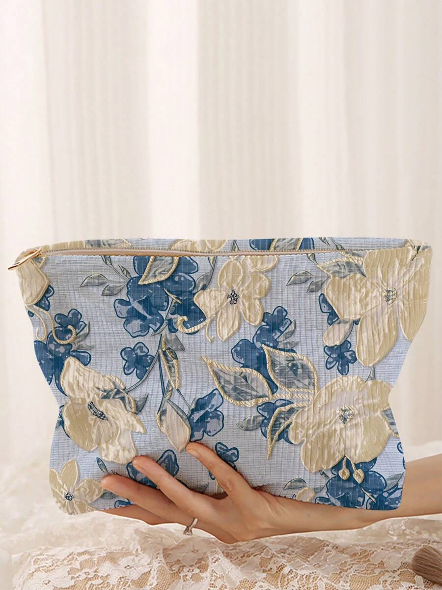 1pc Portable Cosmetic Storage Bag With Floral Pattern Double-Sided Print Travel Zipper Makeup Bag Multi-Functional Toiletries Organizer - Multicolor - View 1