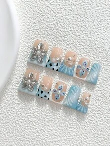 10件夏季海灘風手工穿戴甲，Polygel美甲套組，花卉、貝殼與海星設計，銀色與藍色指甲油，甜美酷感風格，附美甲工具，3種尺寸可選，杏仁、鴨嘴、棺材形，適合派對、跳舞、日常配戴 - 彩色 - 查看 12