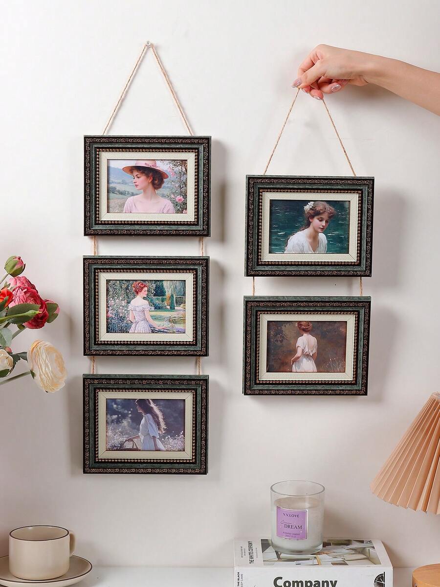 Vintage European Style Hanging Rope Photo Frame Set, Home Decor Atmosphere Photo Wall Frame, Can Decorate 5-Inch Photos, Suitable For Bedroom And Living Room Wall Hanging - Multicolor - View 1