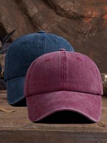 Men's Solid Baseball Cap, Casual - Navy Blue + Wine Red - View 1