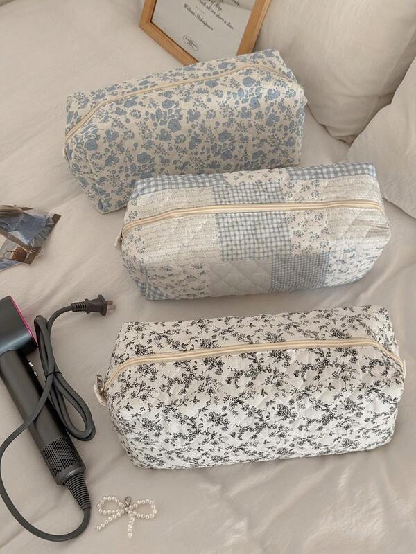Pastoral Floral Hair Dryer/Curling Iron Storage Bag, Quilted Storage Bag, Three Floral Colors Available, Soft Quilted Fabric, Daily Outing Travel Large Capacity Multi-Functional Storage Bag