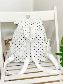 Nueva mochila con cordón, encaje de lunares y ribete de volantes para mujer, mochila escolar, mochila pequeña de viaje - Blanco - Ver 2