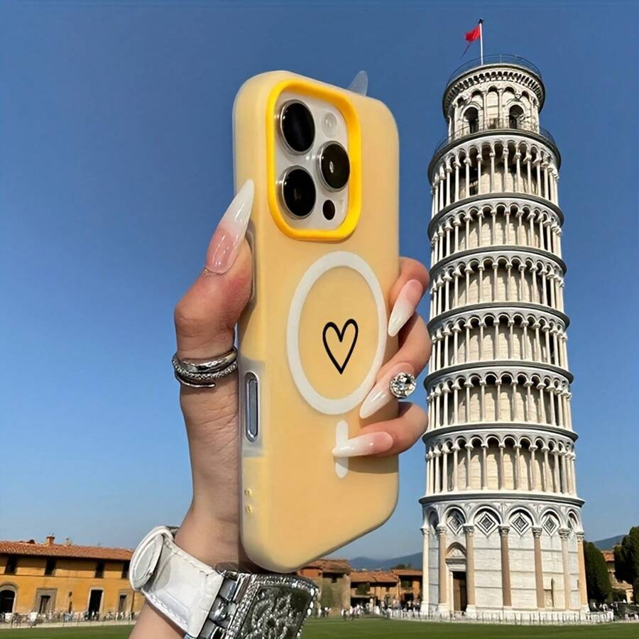 Phone Case - A Minimalist Heart Design, A Two-In-One Magnetic Wireless Charging Phone Case With A Jelly-Like Feel In Pastel Colors, Suitable For Halloween, New Year, Christmas, And Easter Gifts, Perfect For Family And Friends - 黃色 - 查看 1