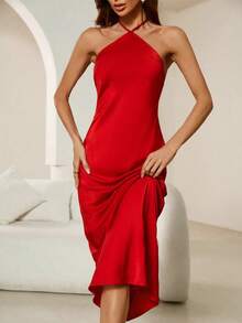 Vestido de fiesta formal con cuello halter sin espalda y tirantes con lazo para vacaciones, cumpleaños y ocasiones especiales - Marrón - Ver 5