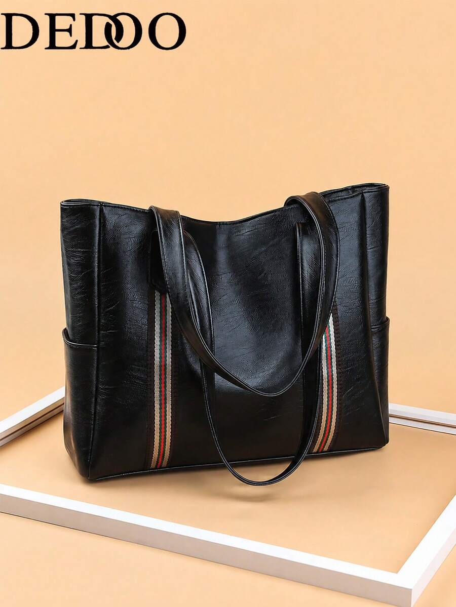 Dedoo Women's Tote Bag, Contrast Color Webbing Strap, Side Pockets, Multiple Inner Compartments, Large Capacity For Laptop And Books, Luxury Minimalist Style