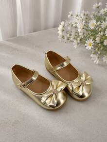 Girls Mary Jane Shoes Buckle Strap Bow Decor Easy Wear Flats - Gold - View 8