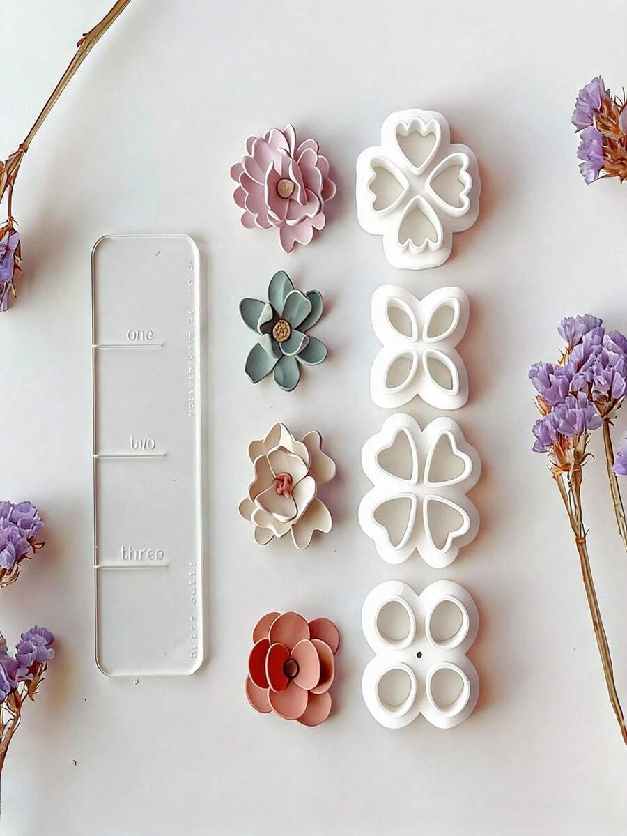 4/12Pcs Multi-Size Flower Petal Polymer Clay Cutters, 5/8/12mm Sizes With Acrylic Thickness Guides For Realistic Rose & Floral Earring Crafts - White - View 1