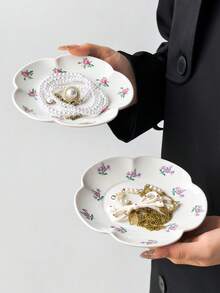 1 pieza/4 piezas Platos de cerámica con estampado floral multicolor, platos de 6 pulgadas con borde floral pintado a mano estilo Ins, plato para joyas, plato para postres, plato para aperitivos, plato para pasteles, bandeja, plato multiusos, regalo para amigos - Multicolor - Ver 4