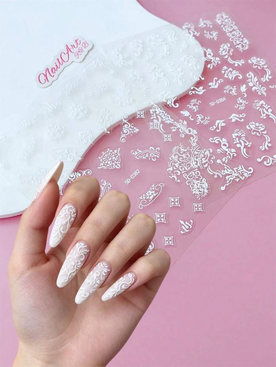 2pcs 3D/5D Embossed Relief Nail Stickers, Nails, DIY Decorations, Featuring White Baroque Lace Vine And Scroll Floral Patterns, Perfect For Creating Baroque Retro Court Style, European Relief Light Luxury Style, And French Lace Bridal Manicure Art - Multicolor - View 1