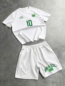 Men's Graphic T-Shirt Set, Retro Brazil Football Jersey - Legendary Number 10, Casual Football Fan Outfit, Football Jersey - White - View 3