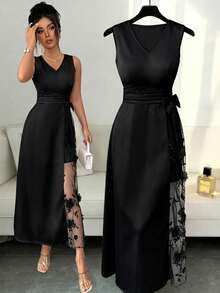 Vestido casual de fiesta para mujer con escote en V, parches de malla y bordado floral - Negro - Ver 1