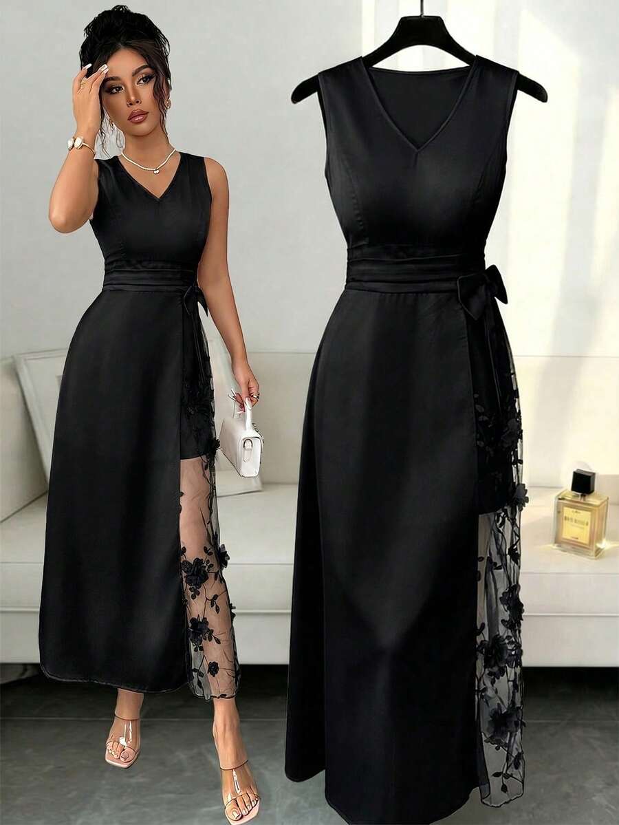 Vestido casual de fiesta para mujer con escote en V, parches de malla y bordado floral - Negro - Ver 1