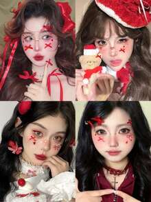 Red Bow Heart 3D Glitter Face Gems Y2K Self-Adhesive Rhinestones, DIY Concert Disco Party Shiny Face Decoration - Red - View 2