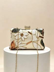 1pc Beaded Floral Leaf Embroidered Box Clutch, Sequin Handle Hard Shell Bag, Detachable Crossbody Chain, Elegant Wedding Bridal Evening Handbag - Apricot - View 12