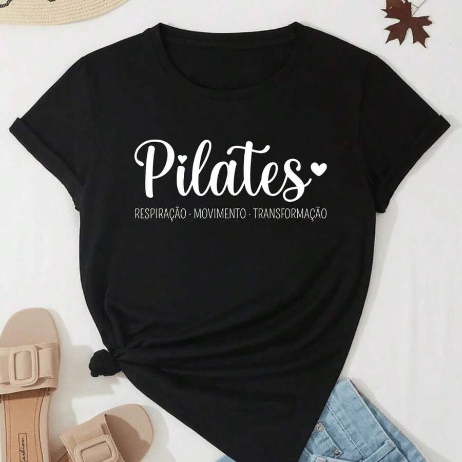 Camiseta Deportiva de Pilates Mujer, Blusa de Fisioterapia de Cotton Algodón Algodón Algodón - Transformación - Negro - Ver 1