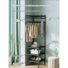Multi-Functional Corner Garment Rack, Iron Frame Freestanding Clothing Hanger Stand With Storage Layers, L-Shaped Nook Clothes Organizer For Apartment Dorm Entryway Use - Black - View 2
