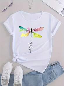Damen Halbtransparentes Kurzarm-T-Shirt mit Libellen-Print – Slim-Fit Rundhals-Bluse – Maschinenwaschbar – Lässiges Shirt für Alltag, Outfits & Schichten2026 - [Weiß] - Übersicht 1