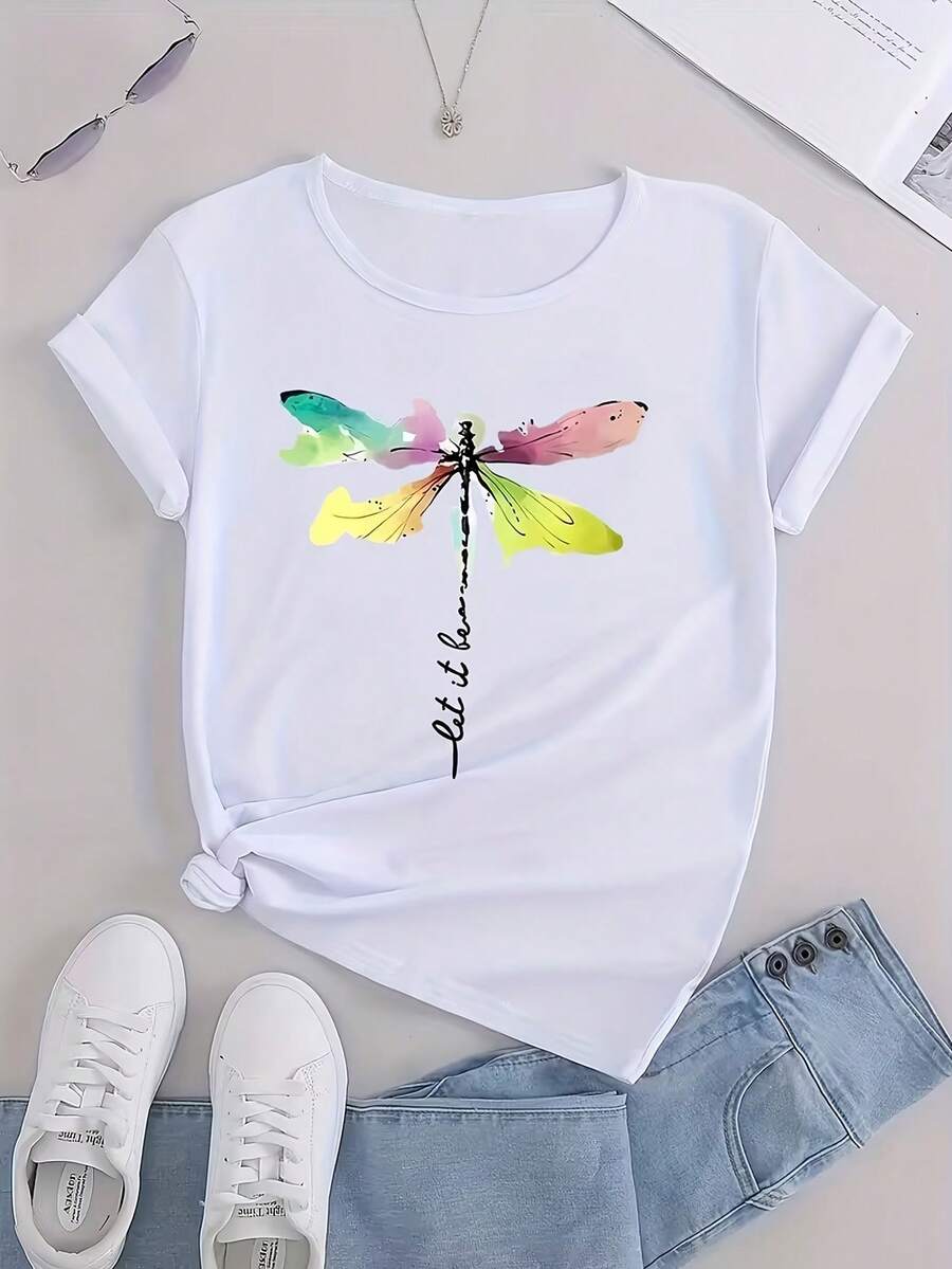 Damen Halbtransparentes Kurzarm-T-Shirt mit Libellen-Print – Slim-Fit Rundhals-Bluse – Maschinenwaschbar – Lässiges Shirt für Alltag, Outfits & Schichten2026 - [Weiß] - Übersicht 1