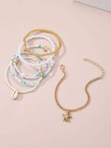 NAIZHU 6pcs Bohemian Ocean Style Starfish Shell Multi-Layer Beaded Anklet Set For Women, Vacation Style, Random Color - Multicolor - View 3