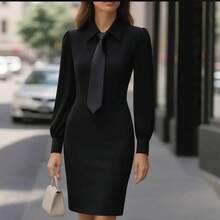 Nuevo vestido de otoño elegante de color sólido con cinturón y manga larga para mujer. - Blanco - Ver 2