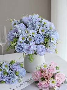 1 pieza Ramo artificial de peonía e hortensia, material para ramo de novia, decoración para el hogar, restaurante, jarrón, decoración de boda, decoración de pared de fondo, decoración de coche con flores, material para corona DIY, entrada, material floral, regalo del Día de San Valentín, decoración de otoño - Azul - Ver 1