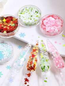 四季主題美甲亮片，雪花楓葉小花混色全息亮片，春夏秋冬 DIY 可穿戴美甲奶油膠裝飾亮片美甲飾品 - 彩色 - 查看 3