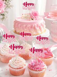 12pcs Birthday Cake Decorations, Double Layer Glitter Birthday Cake Toppers Suitable For Baby Shower, Boy Girl Birthday Party, Pink Glitter Birthday Supplies, Birthday Party Dessert Decoration, Outdoor Lawn Birthday Party - Multicolor - View 8