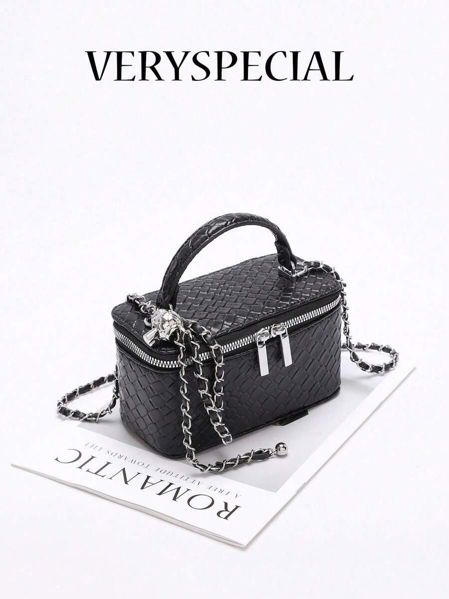 1pc Solid Color Embossed Woven Plaid Fashion PU Quilted Diamond Stitching Box Bag, Stylish & Versatile Zipper Small Square Bag, Women's Handbag With Chain Strap, Adjustable Copper Ball Hardw - Rosa - Ver 1
