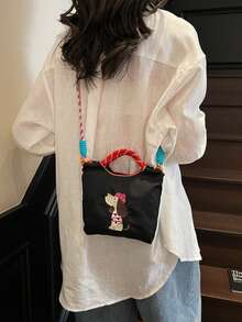 Ins療癒系卡通小狗刺繡小包，輕量可水洗布料，多色可選，女款通勤旅行便攜斜挎包，附可拆卸肩帶手提包 - 彩色 - 查看 16