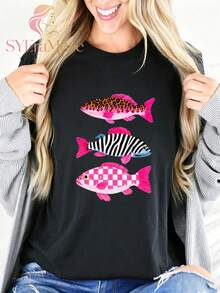 Women's Loose Fit"Leopard Zebra Pattern Fish"Printing T Shirt,Bohemian Lakeside Fishing Summer Aesthetics,Autumn Outfits,Suitable For Concerts,Vacatio - 黑色 - 查看 2