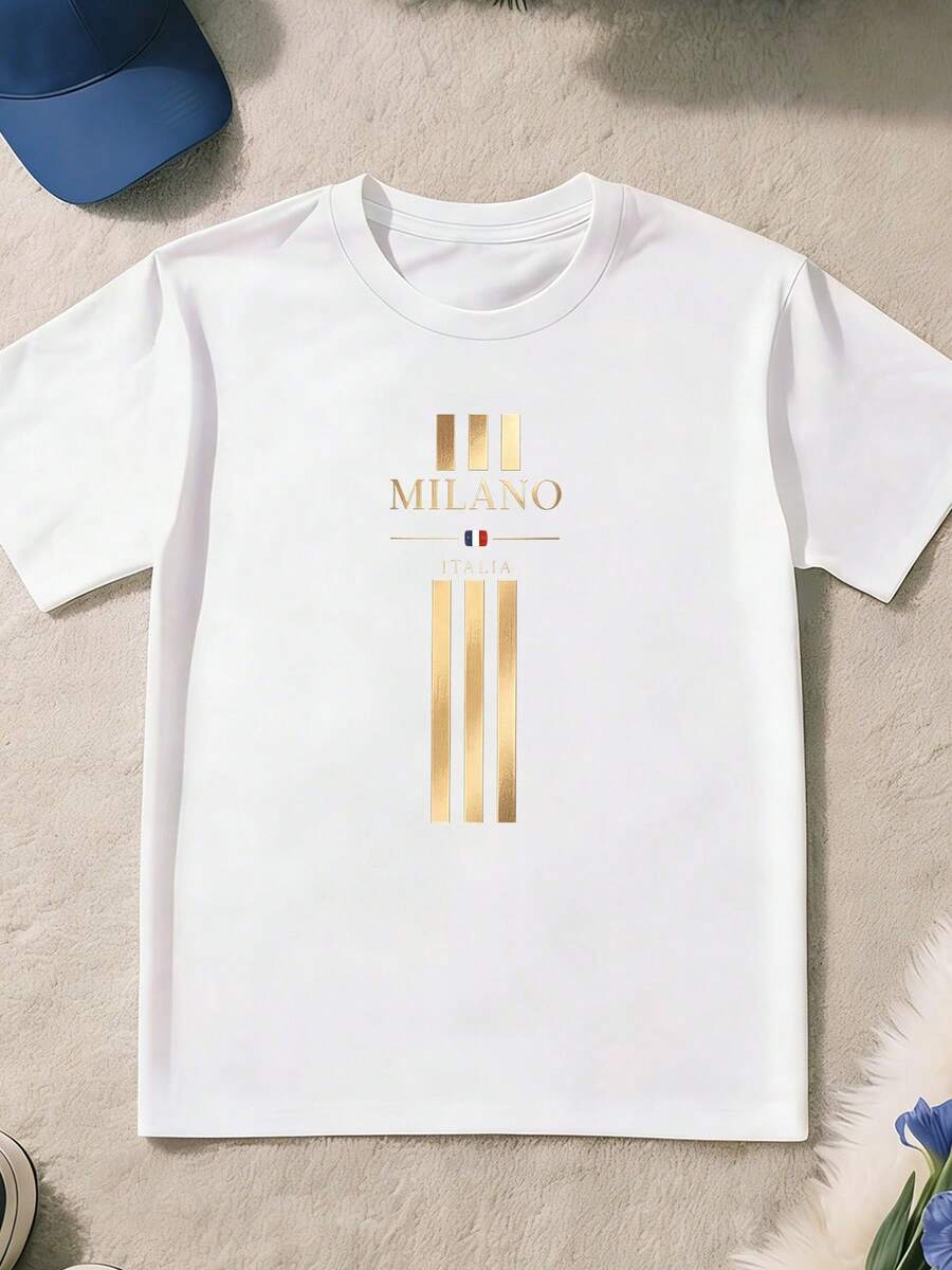 T-Shirt For Children And Teenagers, Fun Design With "Milan Italy" Print, Suitable For Casual Games And Sports Both Indoors And Outdoors, Fashionable Summer Top, I - 白色 - 查看 1
