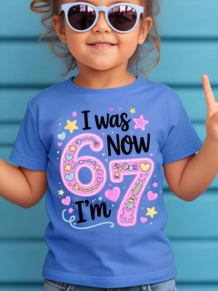 Camiseta Creativa y Dulce para Niñas WML con Estampado de Dibujos Animados del Número 67 - Azul - Ver 1