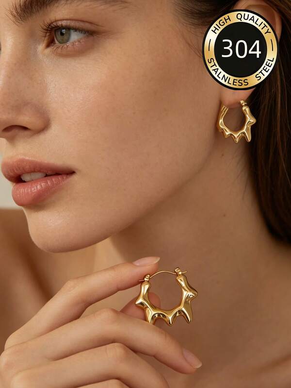 1 Pair Vintage Unique Stainless Steel Gold Hoop Earrings, Minimalist Classic Style Unisex Earrings, Anniversary And Daily Wear, Vintage Style, Versatile Accessory, Suitable For Daily, Party, Vacation