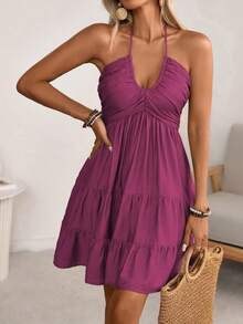 Women's Halter V-Neck Mini Dress, Ruched And Layered, Sleeveless, Ideal For Beach Vacations, Casual Daily Wear And Outdoor Picnic Outfits. - 粉紅紫色 - 查看 5