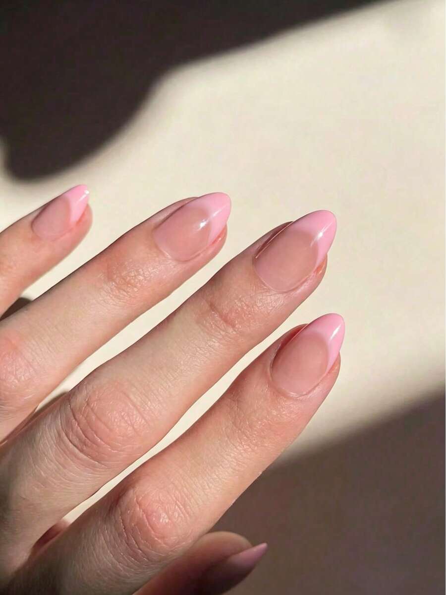 30片短杏仁形粉色漸層法式穿戴甲,壓克力假指甲組,含1片果凍膠與1片指甲銼條 - 粉色 - 查看 1