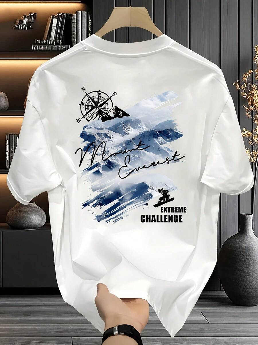 Men's Graphic Mushroom Print, Casual Style, Snowy Mountain Print, Comfortable, Breathable And Slightly Stretchy Fabric, Stylish Men's Short-Sleeved Crew Neck T-Shirt. - 白色 - 查看 1