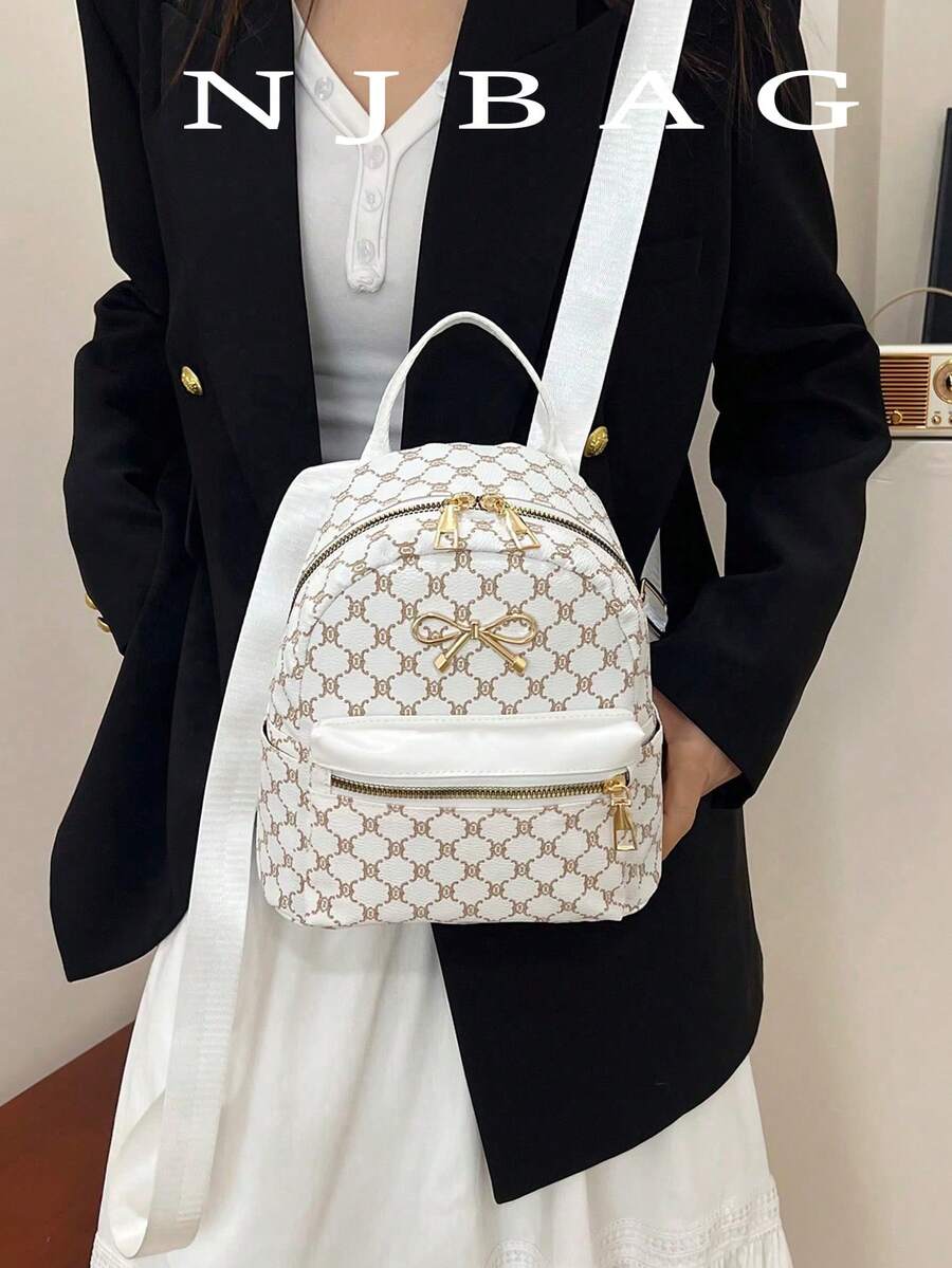 時尚蝴蝶結經典復古圖案女款後背包手提包 小包 時髦百搭休閒拉鍊包
