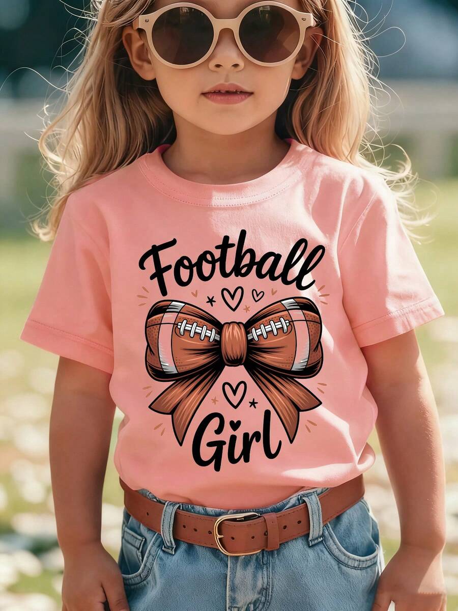 Girls' Short-Sleeved T-Shirt, Summer Style, With "Football Girl" Inscription, Rugby , Bow Print, Versatile Casual Top NY-DX9381 - Burgundy - View 1