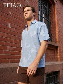FEIAO Men's Vintage "Old Money" Style Blue Embroidered Shirt: A Versatile, High-Quality Pullover, Perfect For Casual Vacation - Blue - View 5